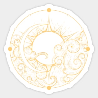 Hand Drawn Golden Sun and Moon with Cloud Esoteric Symbol. Sticker